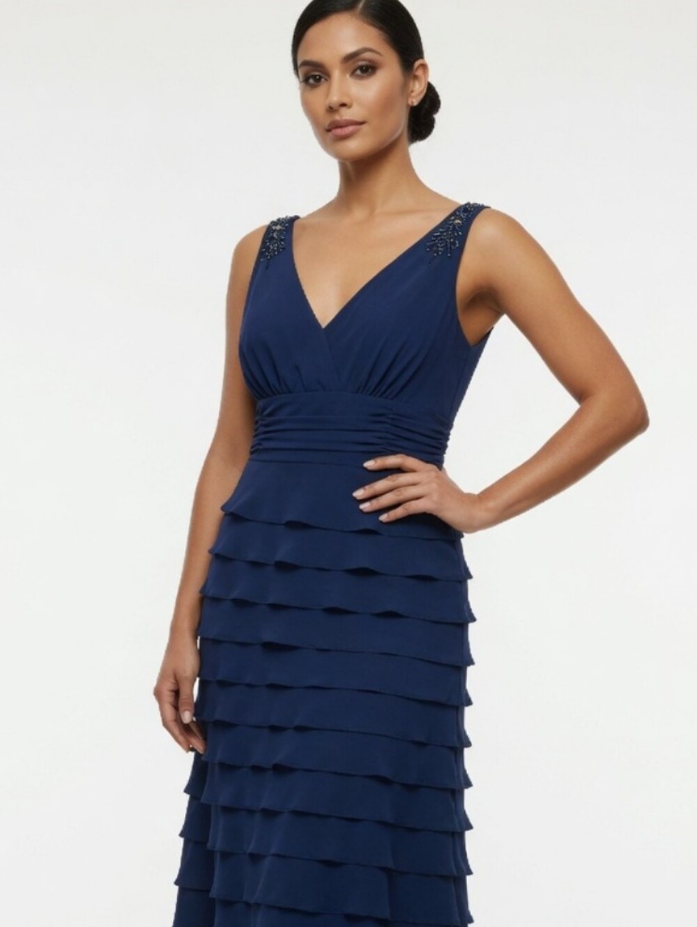 Women's S.L. Fashions Navy Tiered V-Neck Midi Dress ( SIZE:14)